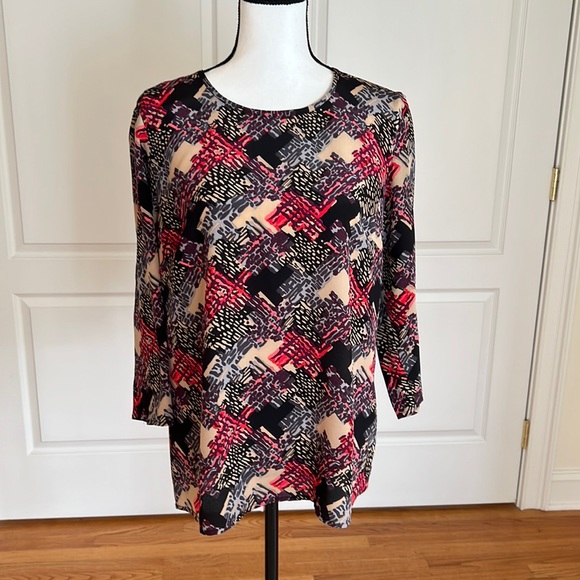 Trina Turk silk print blouse shades of camel black, gray, wine and neon pink - Picture 1 of 6